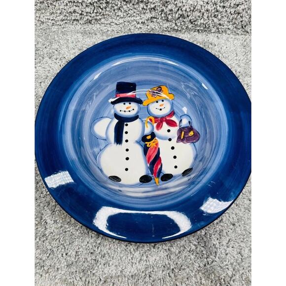 Tabletops Blue Hand Painted Snow Couple Pasta Rim Ceramic Plate 14.75" Limited - Picture 8 of 8